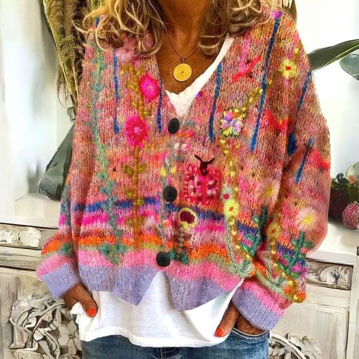 Women's Floral Embroidered V-Neck Button-Front Knit Cardigan - Red