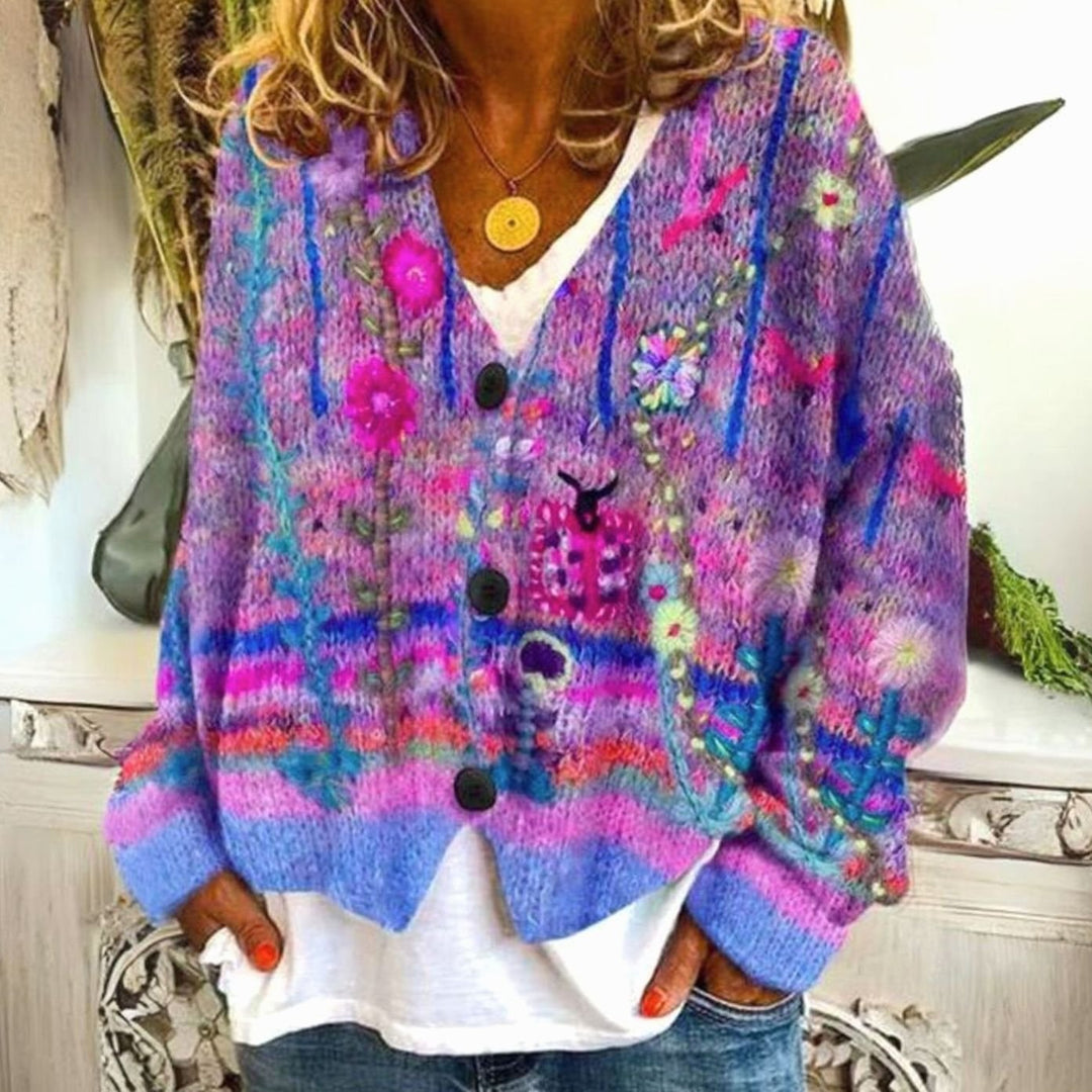 Women's Floral Embroidered V-Neck Button-Front Knit Cardigan - Purple