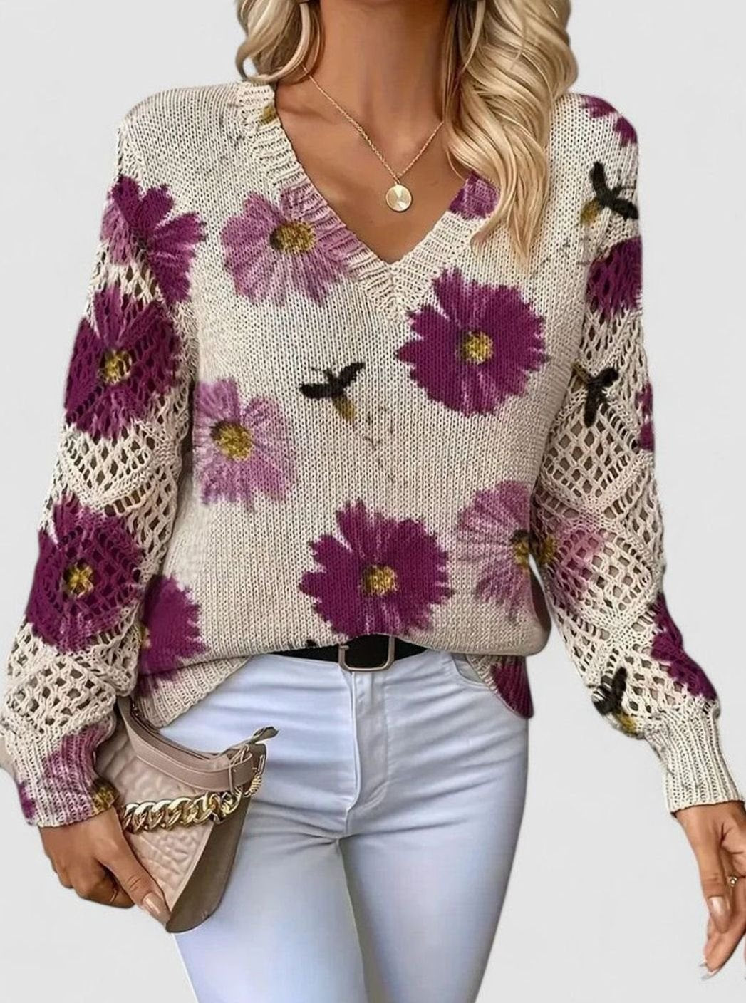 Women's Floral Knit V-Neck Jumper Lattice-Sleeve Pullover - Purple