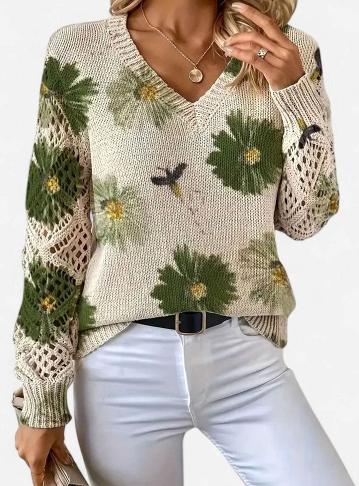Women's Floral Knit V-Neck Jumper Lattice-Sleeve Pullover