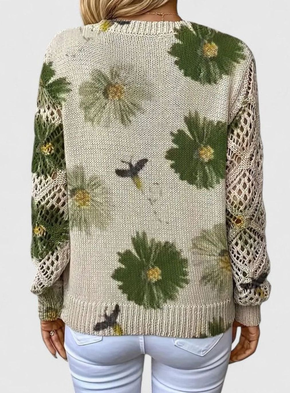 Women's Floral Knit V-Neck Jumper Lattice-Sleeve Pullover