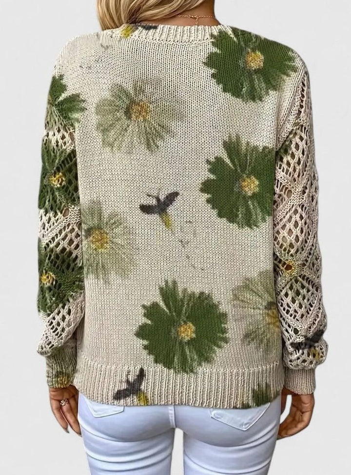 Women's Floral Knit V-Neck Jumper Lattice-Sleeve Pullover