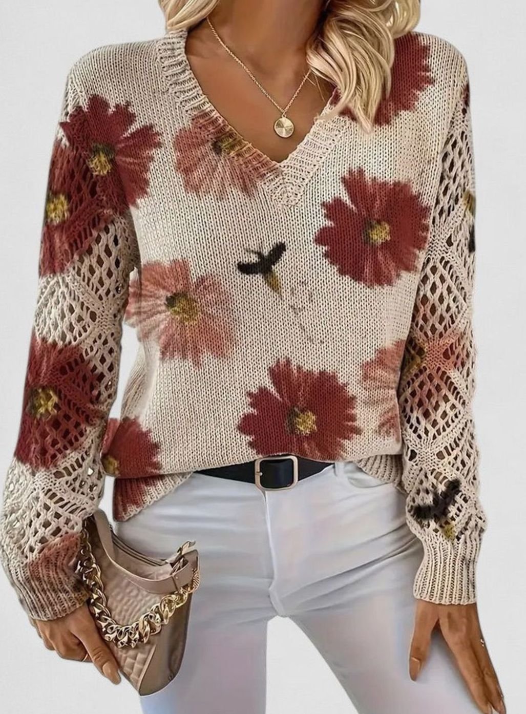 Women's Floral Knit V-Neck Jumper Lattice-Sleeve Pullover