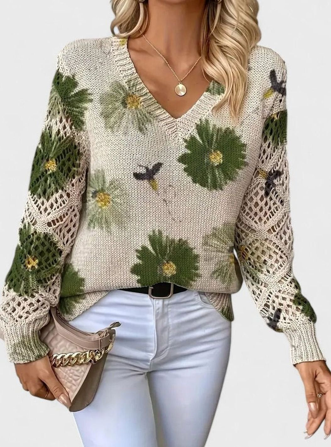Women's Floral Knit V-Neck Jumper Lattice-Sleeve Pullover - Green