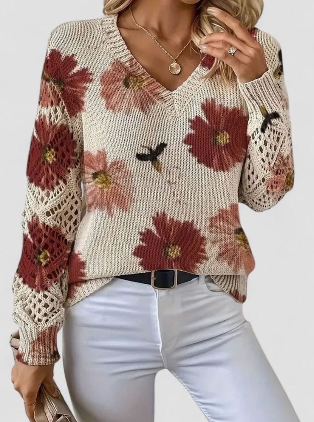 Women's Floral Knit V-Neck Jumper Lattice-Sleeve Pullover