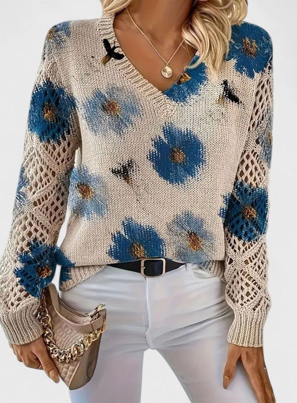 Women's Floral Knit V-Neck Jumper Lattice-Sleeve Pullover