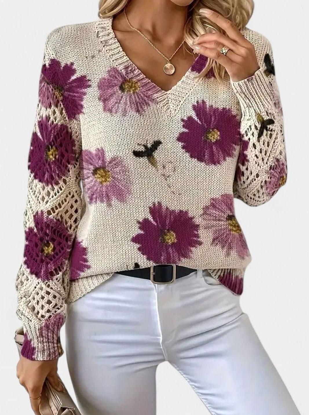 Women's Floral Knit V-Neck Jumper Lattice-Sleeve Pullover