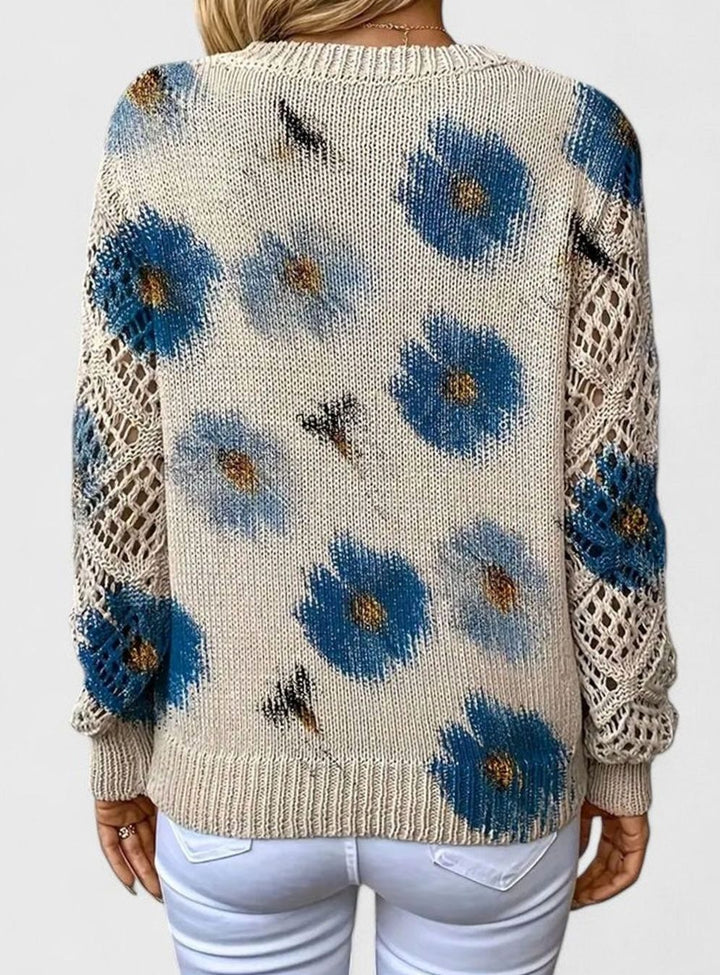 Women's Floral Knit V-Neck Jumper Lattice-Sleeve Pullover