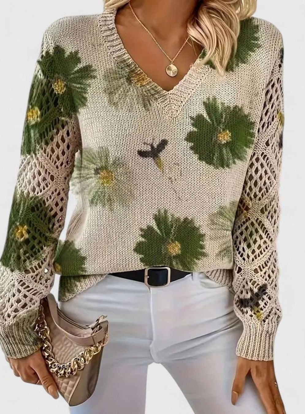 Women's Floral Knit V-Neck Jumper Lattice-Sleeve Pullover