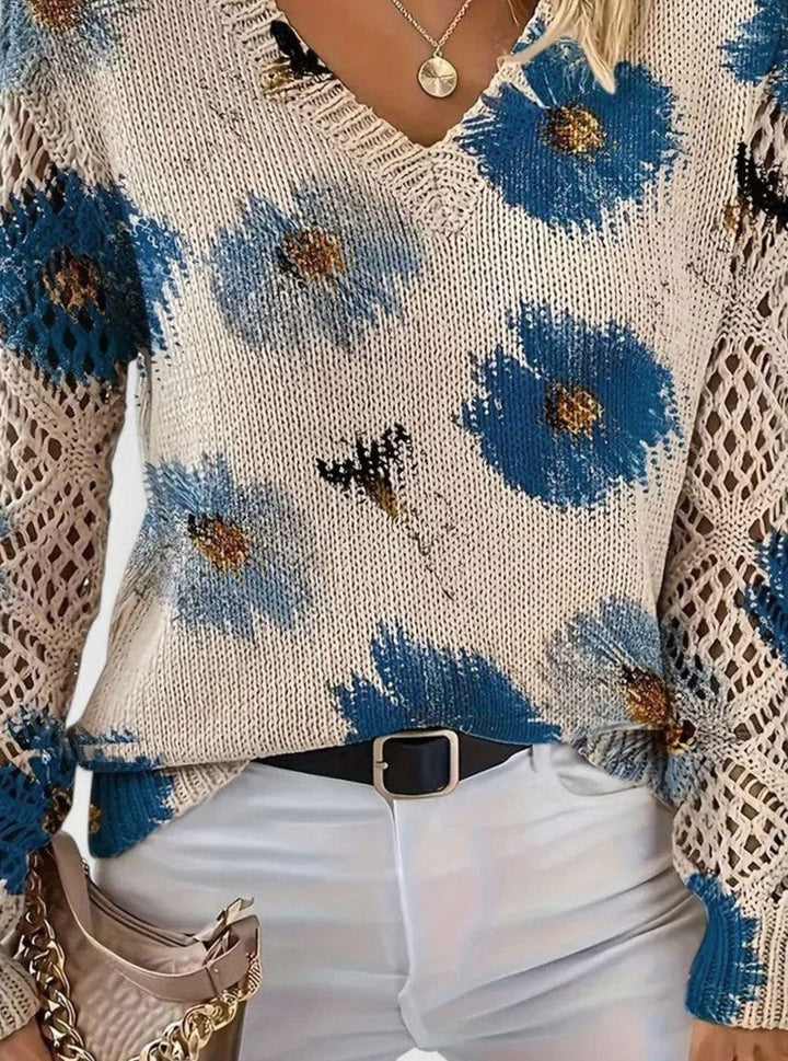 Women's Floral Knit V-Neck Jumper Lattice-Sleeve Pullover