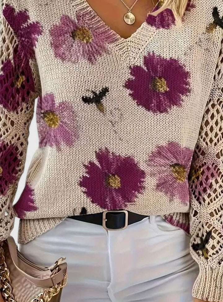 Women's Floral Knit V-Neck Jumper Lattice-Sleeve Pullover