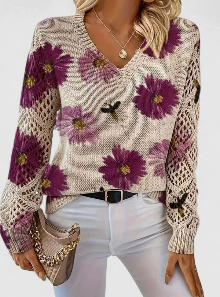 Women's Floral Knit V-Neck Jumper Lattice-Sleeve Pullover