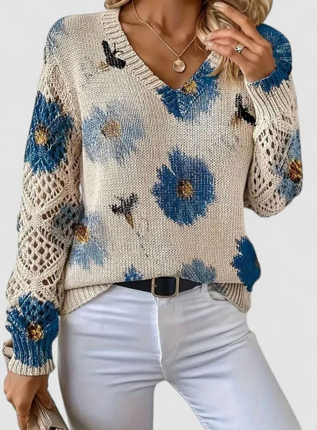 Women's Floral Knit V-Neck Jumper Lattice-Sleeve Pullover