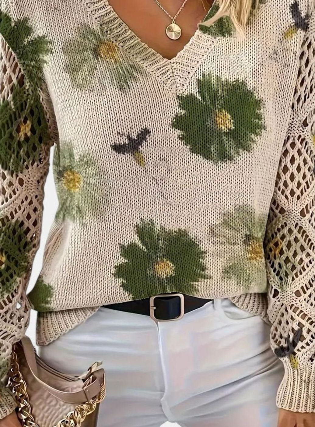 Women's Floral Knit V-Neck Jumper Lattice-Sleeve Pullover