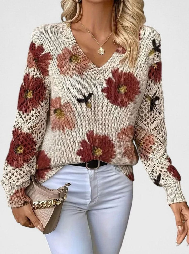 Women's Floral Knit V-Neck Jumper Lattice-Sleeve Pullover - Red