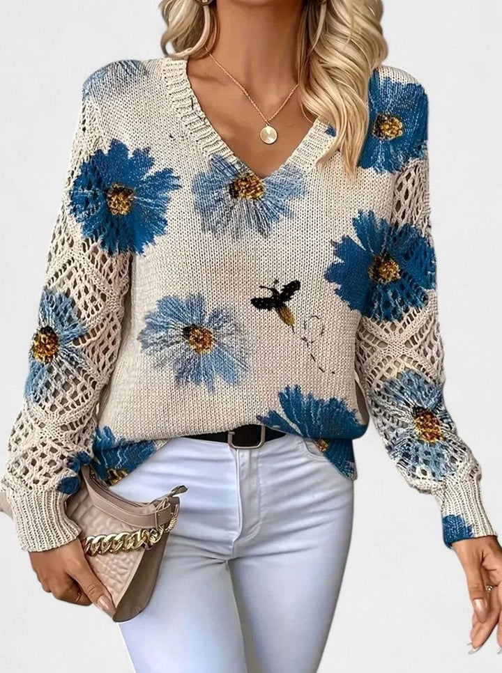 Women's Floral Knit V-Neck Jumper Lattice-Sleeve Pullover - Blue