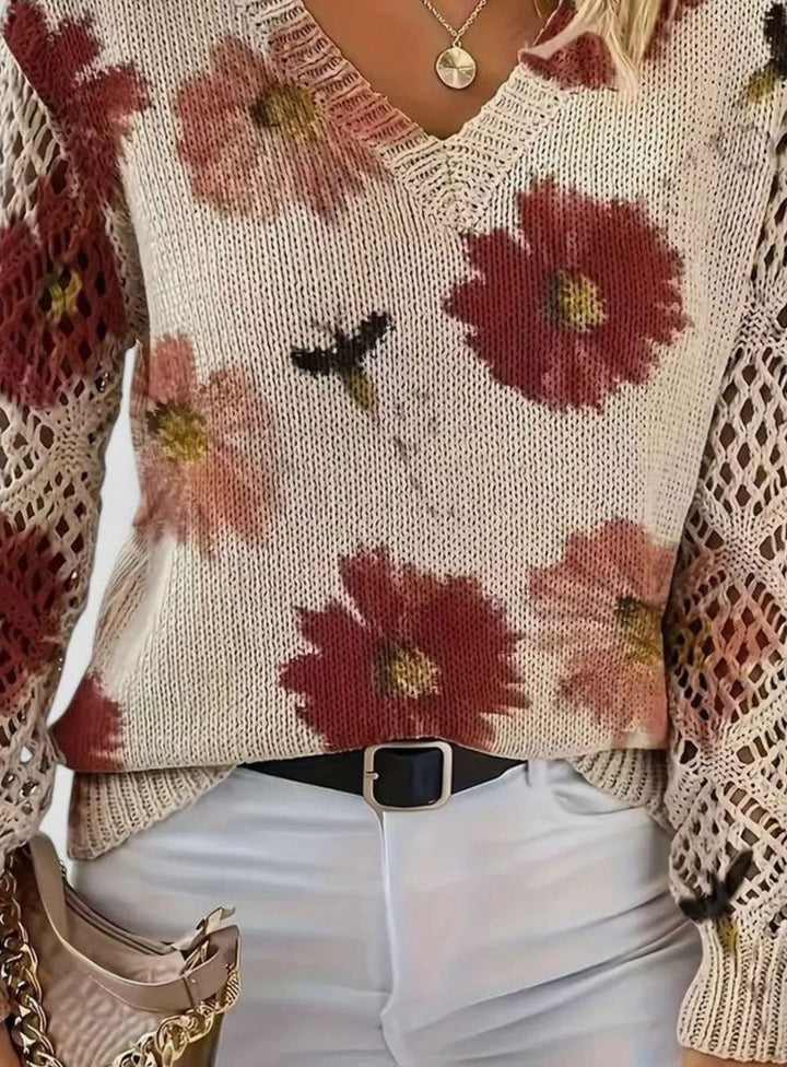 Women's Floral Knit V-Neck Jumper Lattice-Sleeve Pullover