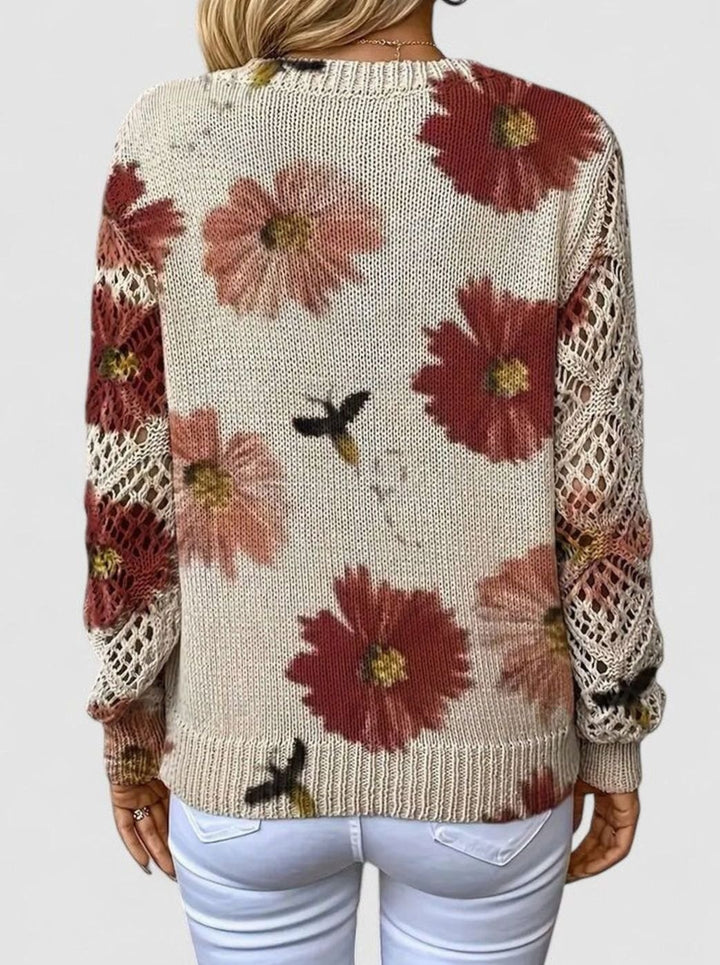 Women's Floral Knit V-Neck Jumper Lattice-Sleeve Pullover