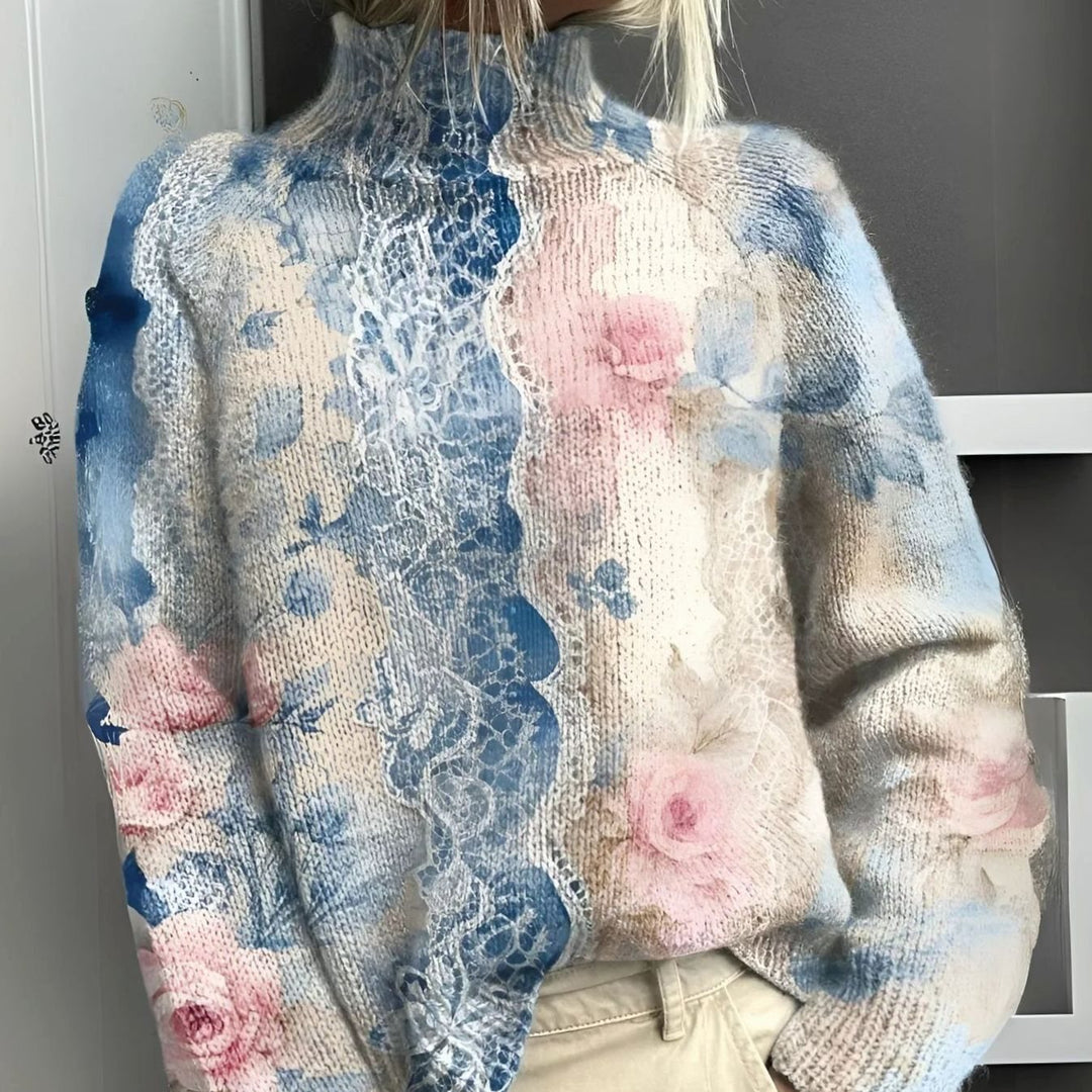 Women's Floral Lace-Trim Knit Turtleneck Jumper