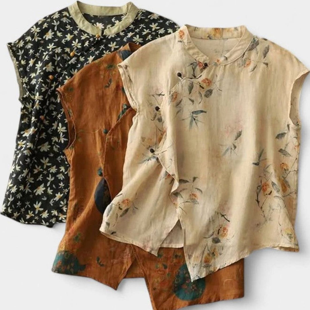 Women's Floral Linen Sleeveless Button-Up Mandarin Collar Top