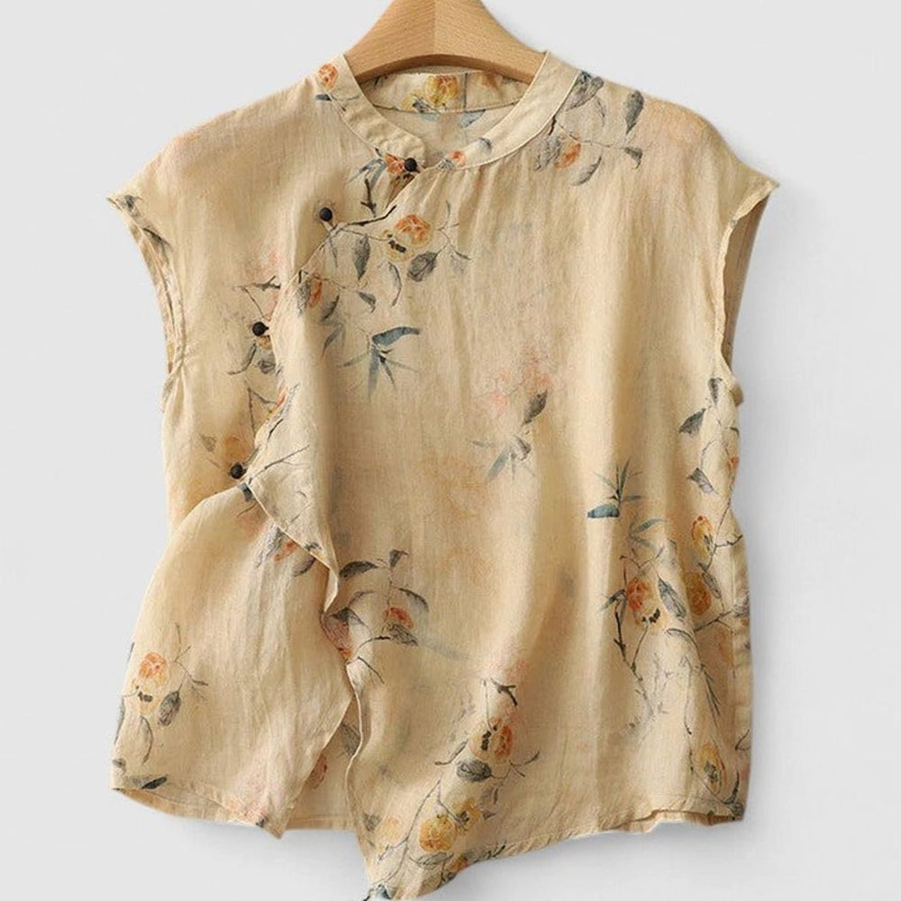 Women's Floral Linen Sleeveless Button-Up Mandarin Collar Top - Beige