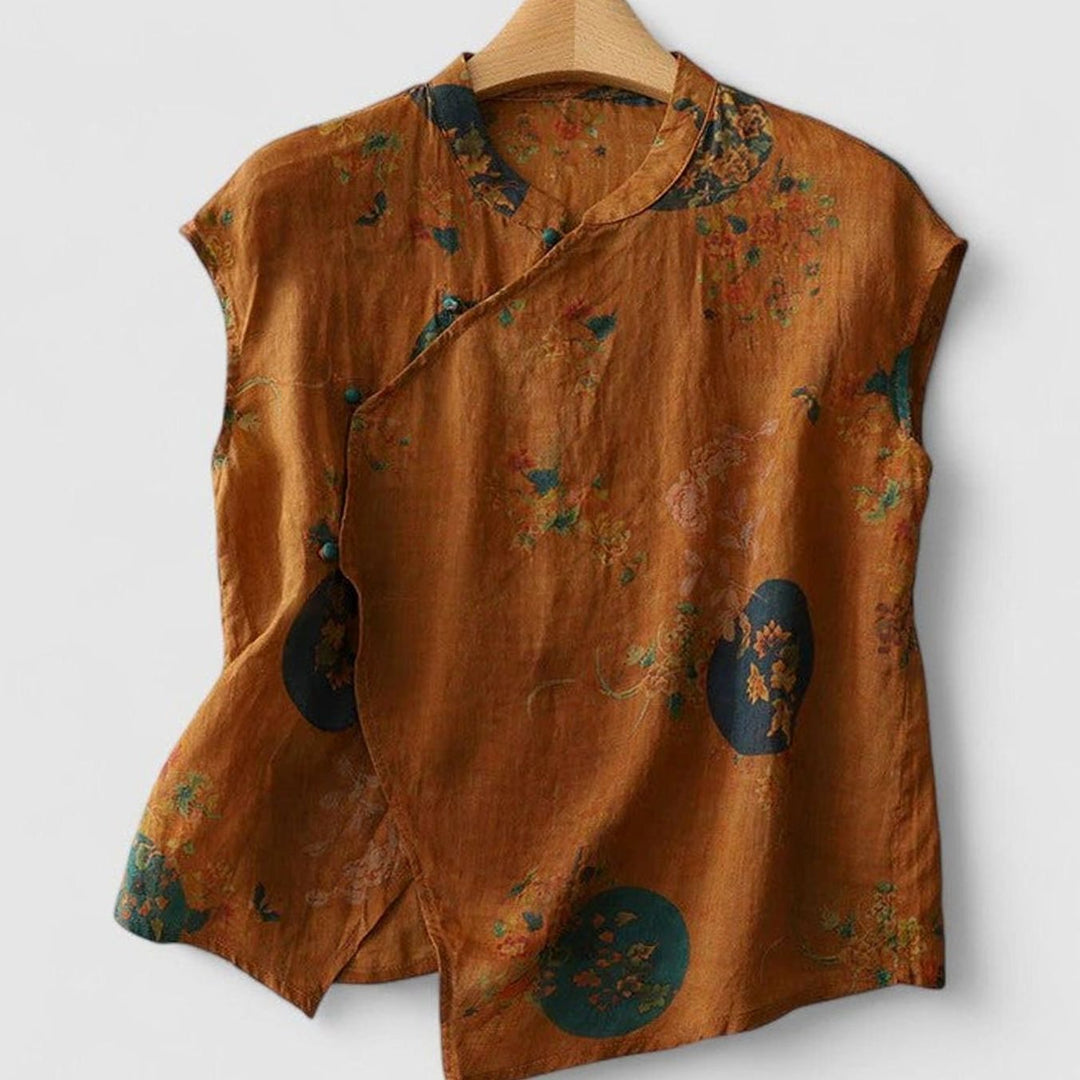 Women's Floral Linen Sleeveless Button-Up Mandarin Collar Top - Brown