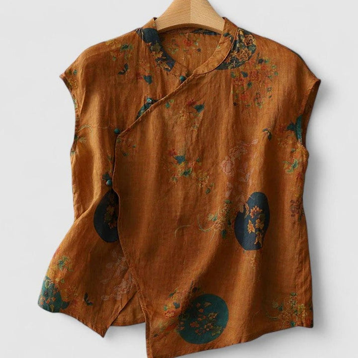 Women's Floral Linen Sleeveless Button-Up Mandarin Collar Top - Brown