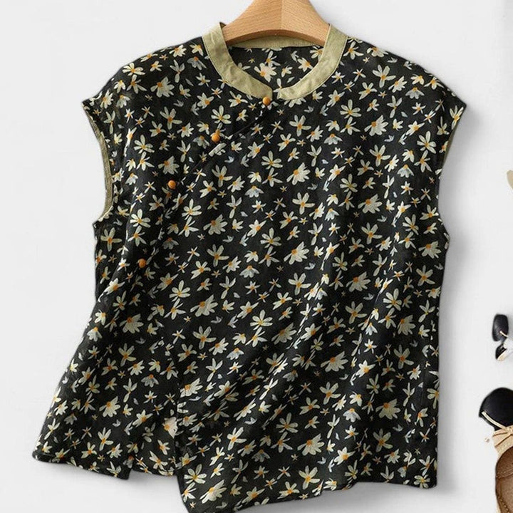 Women's Floral Linen Sleeveless Button-Up Mandarin Collar Top - Black