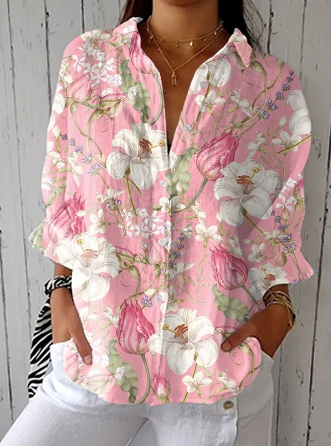 Women's Floral Long Sleeve Button Front V-Neck Blouse - Multicolour