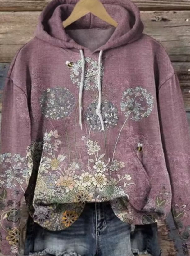 Women's Floral Print Relaxed-Fit Drawstring Hoodie, Dusty Rose