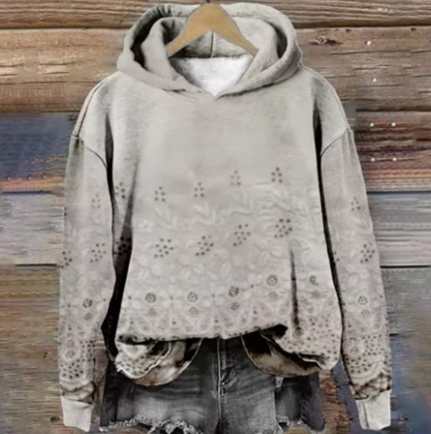 Women's Floral Print Relaxed-Fit Hooded Pullover Jumper - Warm Sand