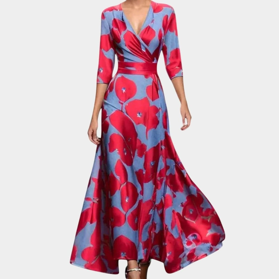 Women's Floral Print V-Neck Long-Sleeve Wrap Maxi Dress - Red