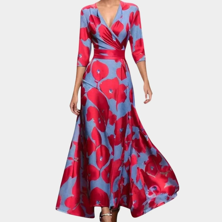 Women's Floral Print V-Neck Long-Sleeve Wrap Maxi Dress - Red