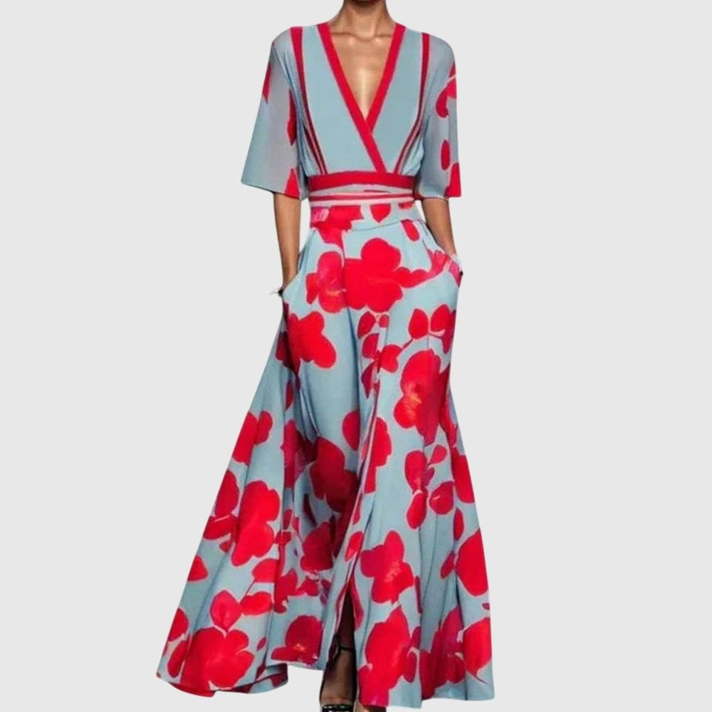 Women's Floral Print V-Neck Long-Sleeve Wrap Maxi Dress - Blue Red