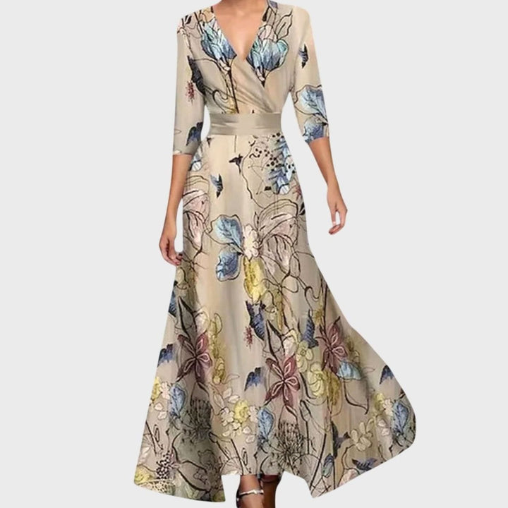 Women's Floral Print V-Neck Long-Sleeve Wrap Maxi Dress - Champagne