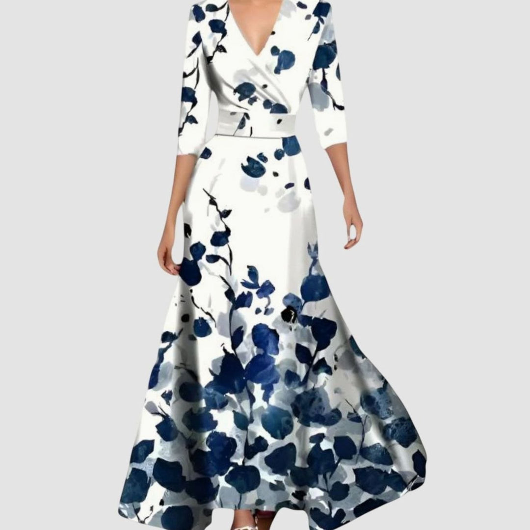 Women's Floral Print V-Neck Long-Sleeve Wrap Maxi Dress - Blue