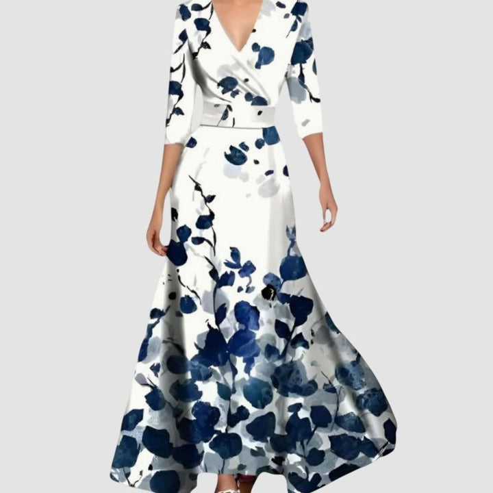 Women's Floral Print V-Neck Long-Sleeve Wrap Maxi Dress - Blue