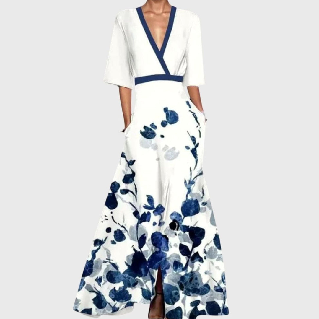 Women's Floral Print V-Neck Long-Sleeve Wrap Maxi Dress - White