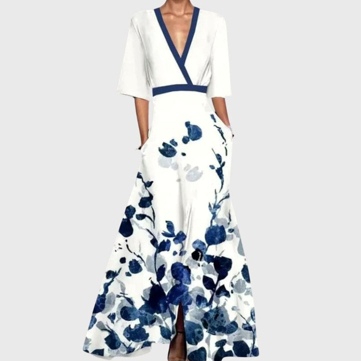 Women's Floral Print V-Neck Long-Sleeve Wrap Maxi Dress - White