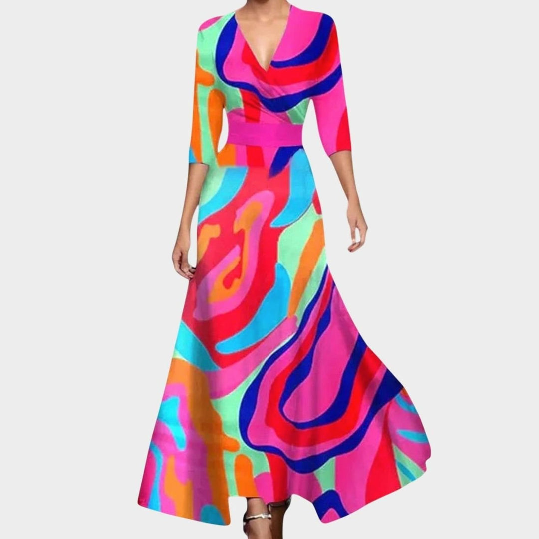 Women's Floral Print V-Neck Long-Sleeve Wrap Maxi Dress - Multicolour