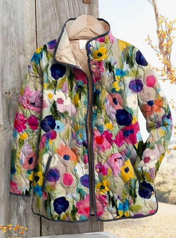 Women's Floral Quilted Snap-Button Padded Jacket - Multicolour