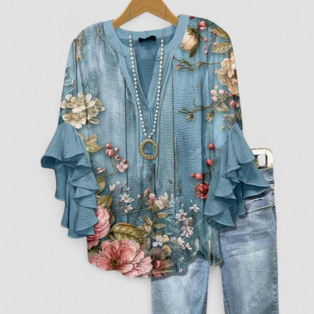 Women's Floral Ruffle-Sleeve V-Neck Relaxed Blouse - Blue Floral