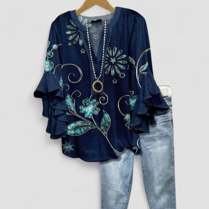 Women's Floral Ruffle-Sleeve V-Neck Relaxed Blouse - Dark Blue