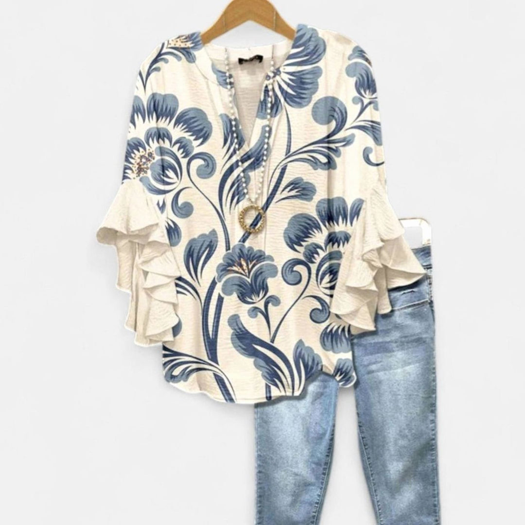 Women's Floral Ruffle-Sleeve V-Neck Relaxed Blouse - White Blue