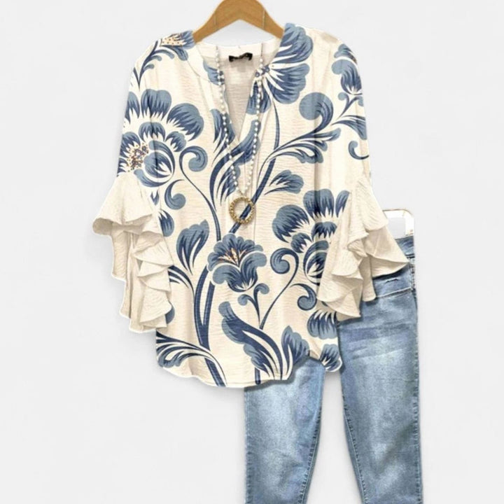 Women's Floral Ruffle-Sleeve V-Neck Relaxed Blouse - White Blue