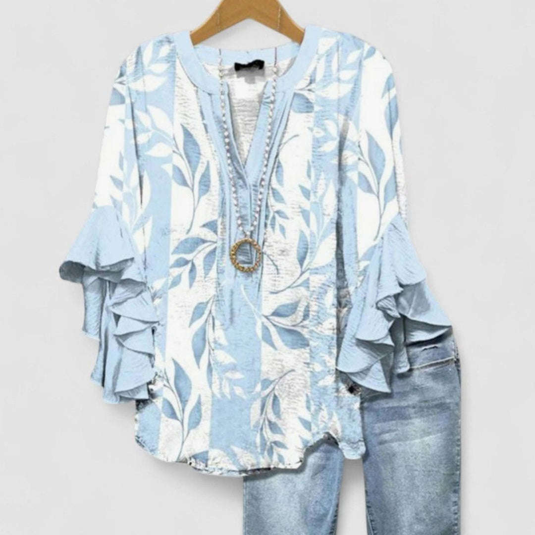 Women's Floral Ruffle-Sleeve V-Neck Relaxed Blouse - Light Blue