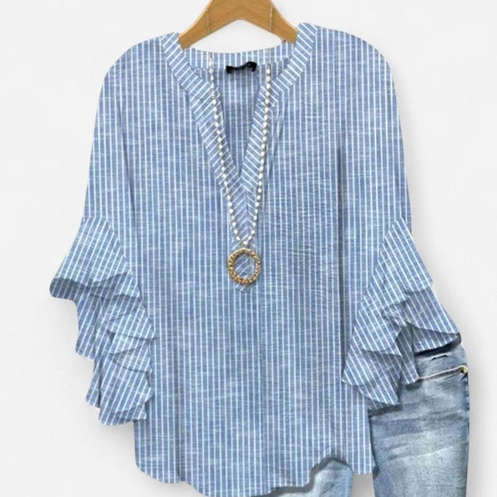 Women's Floral Ruffle-Sleeve V-Neck Relaxed Blouse - Blue