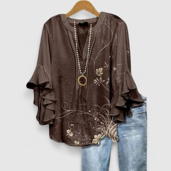 Women's Floral Ruffle-Sleeve V-Neck Relaxed Blouse - Brown