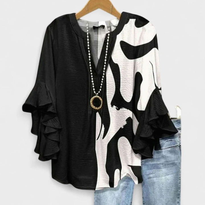 Women's Floral Ruffle-Sleeve V-Neck Relaxed Blouse - Black
