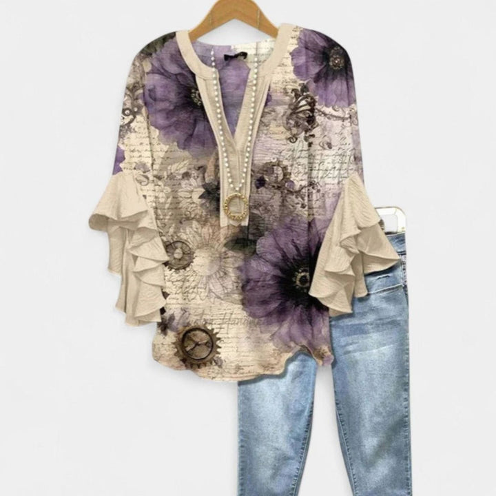 Women's Floral Ruffle-Sleeve V-Neck Relaxed Blouse - Beige